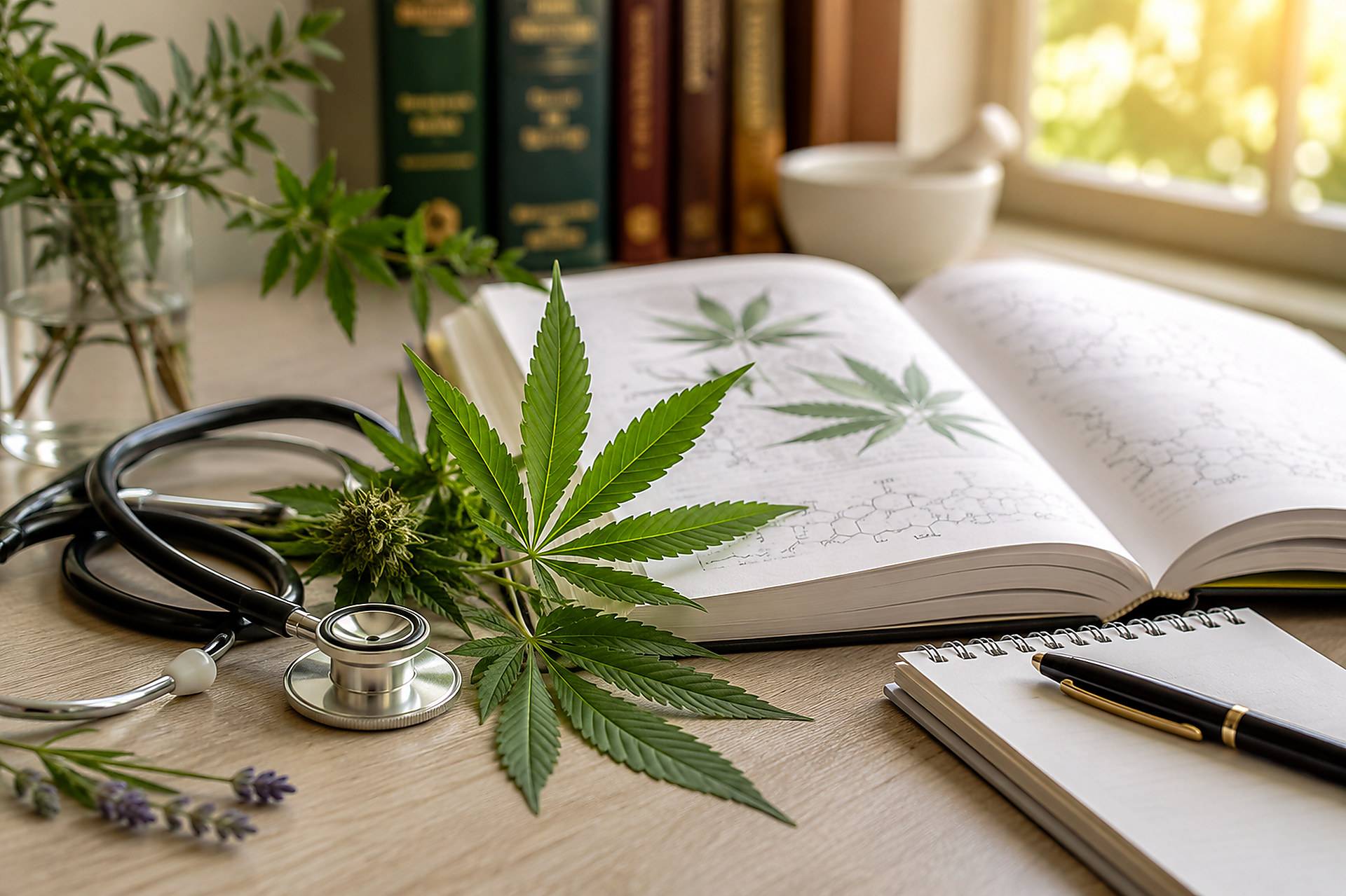 Cannabis nurse education desk: open medical textbook showing cannabinoid and endocannabinoid system diagrams beside a stethoscope, notebook and fresh cannabis leaves